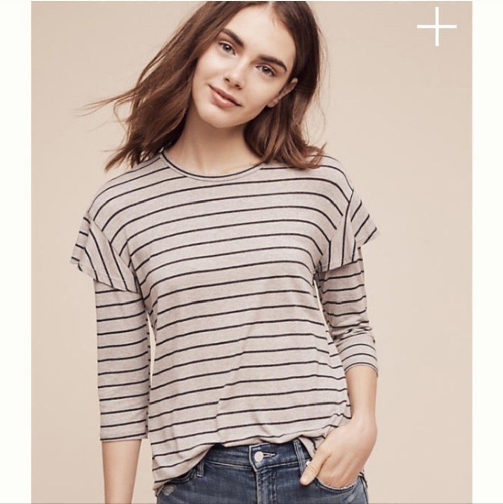 Anthropologie Dolan Small Binny Top Gray Striped Ruffle Shoulder